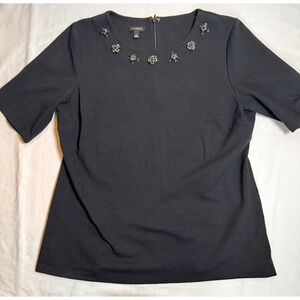 Talbot's Black‎ M Embellihed Knit Top Jeweled Neckline Half Sleeve Zipper Back